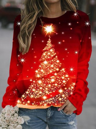 Ladies Christmas Red Crew Neck Cotton-Blend Casual Sweatshirts