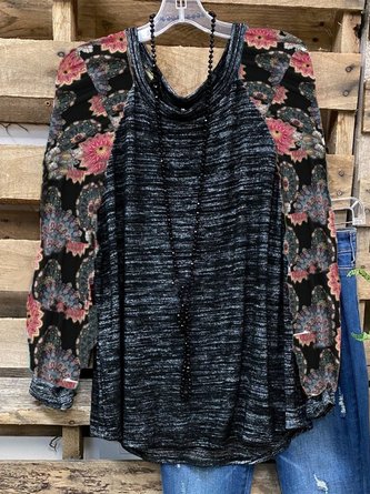 Gray Crew Neck Casual Floral Cotton-Blend Tops