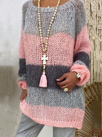 Gray & Pink Color-block Long Sleeve Casual Sweater