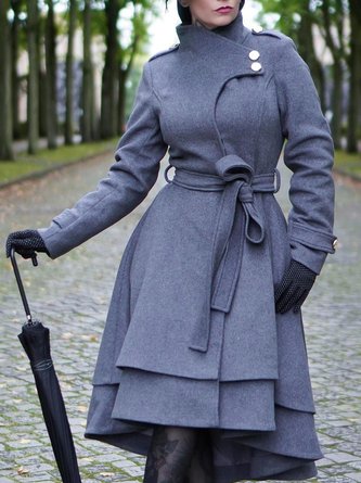 British style asymmetrical big waist solid color woolen coat