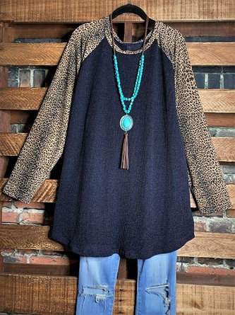 Leopard Round Neck Long Sleeve Loose Tunic & Tops