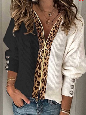 JFN Zipper Leopard Buttons Long Sleeve Sweater