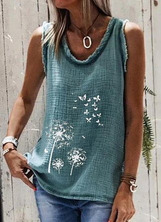 Dandelion Butterfly Print Round Neck Sleeveless Casual Tank Tops Vest