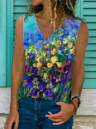 Floral-Print Casual Sleeveless Shirts & Tops