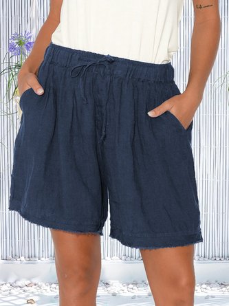 Cotton-Blend Solid Elasit Waistline Loose Shorts