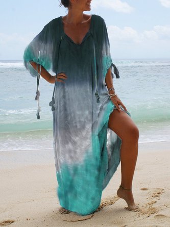 Ombre/tie-Dye V Neck Half Sleeve Holiday Casual Weaving Dress