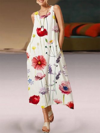 Flower Print Pocket Sleeveless Round Neck Long Dress