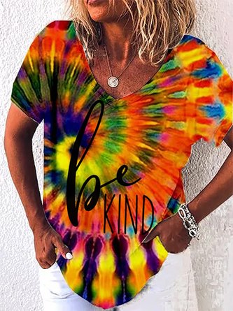 Be Kind Tie-Dye Short Sleeve V-Neck Casual T-Shirts