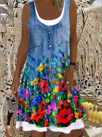 A-Line Casual Floral Cotton-Blend Weaving Dress