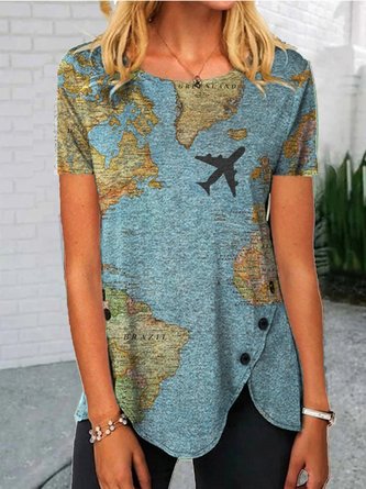 Short Sleeve Casual Map Floral-Print Shift Tops