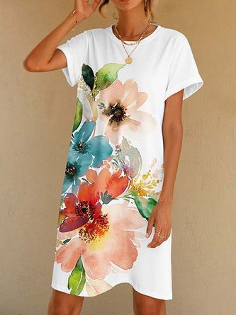 Short Sleeve White & Blue Watercolor Floral T-Shirt Dress