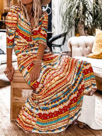 Leisure vacation ethnic style geometric print maxi Prom Dress