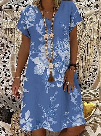 Women's Knee Blue Short Sleeve Floral Print Print Summer V Neck Casual Dresses
