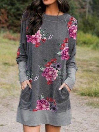 Floral Long Sleeve Casual Shift Dresses