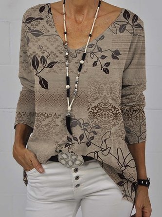 Fashionable Casual Printed Long sleeve V-Neck Top