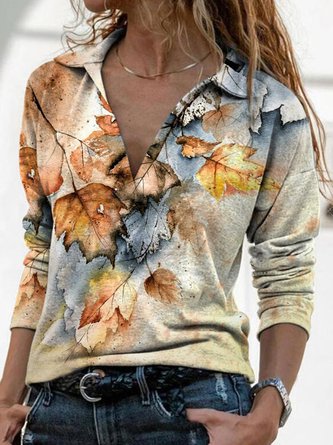 JFN V Neck Leaves Casual Shirts & Tops