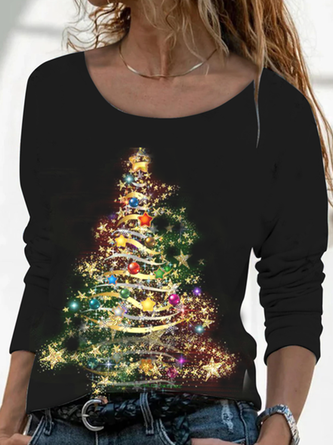 JFN Crew Neck Casual Christmas Tree Female Top T-shirt