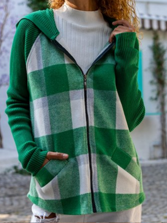 Long sleeve hooded plain color patterned stitching geometric check loose price coat Plus Size