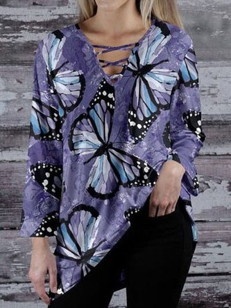 V Neck Butterfly Printed Long Sleeve T-shirt