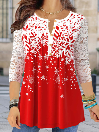Long sleeve V-neck geometric snowflake gradient stitched lace loose top
