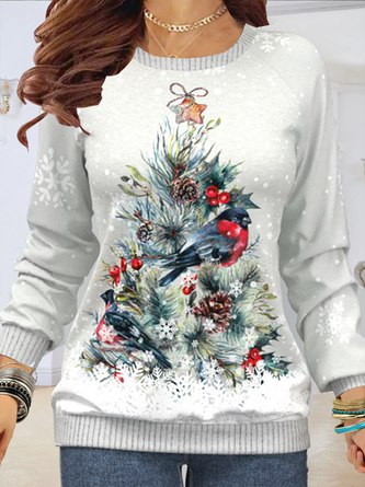 Long sleeved round neck Christmas tree plant print top women's sweater