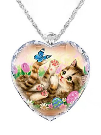 JFN  Heart Shaped Crystal Cat Necklace