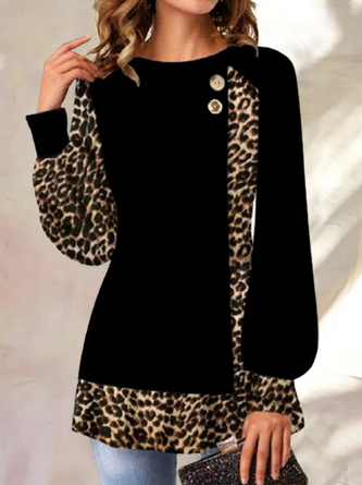 JFN Crew Neck Casual Leopard Print Stitching Long-sleeved Shirts & Tops