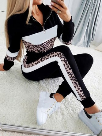 Loosen Elegant Stand Collar Leopard Casual Two-Piece Set