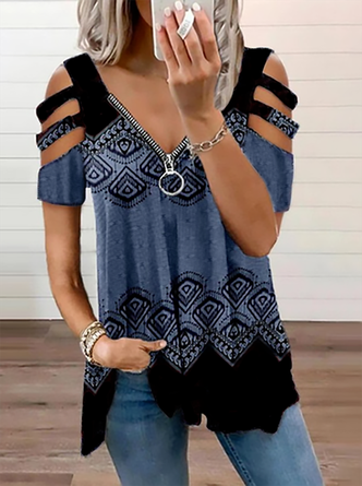 JFN V Neck Cold Shoulders Tribal Casual Tunic Top