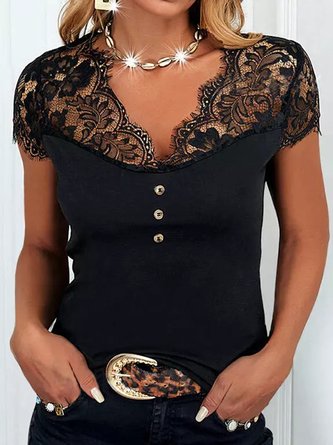 JFN V Neck Lace Solid Buttoned Party Blouse