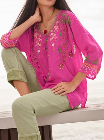 JFN V Neck Tribal Casual Mexican Blouse