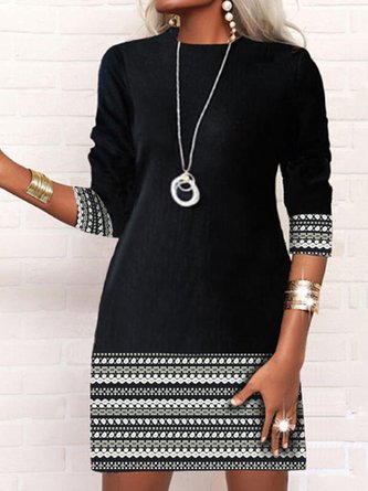 Women's Long Sleeve Shift Dress Crew Neck with Polka Dot Color Block for Fall&Winter