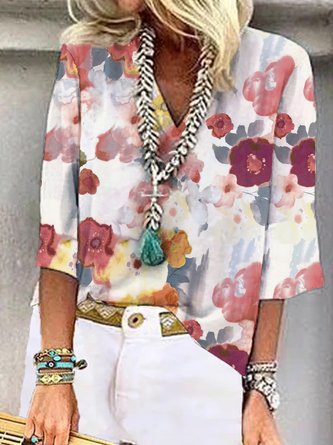 JFN V Neck Floral 3/4 Sleeves Vacation Blouse