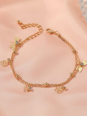 JFN Holiday Style Beach Rose Dragonfly Zircon Multilayer Anklet