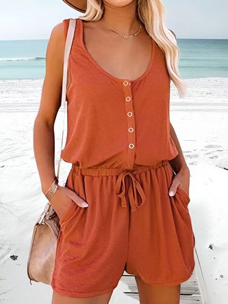 JFN Crew Neck Buttoned Casual Vacation Beach Jumpsuit & Romper