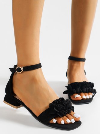 3D Flower Suede Chunky Heel Sandals