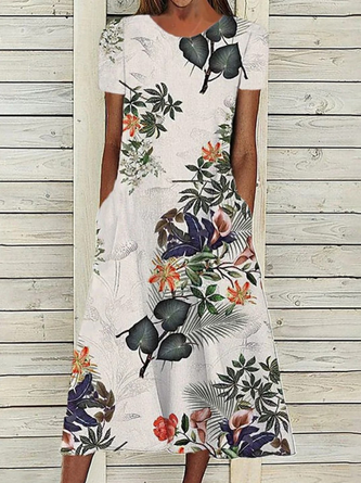 Casual Floral Print Short Sleeve Crew Neck Midi Dress
