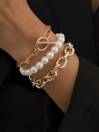 JFN 3Pcs Retro Style Pearl Chain Multilayer Bracelet Set