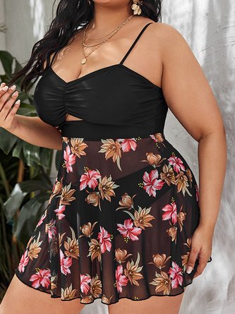JFN Sexy Mesh Floral Skirt Cover Belly Slim Split Tankini Plus Size