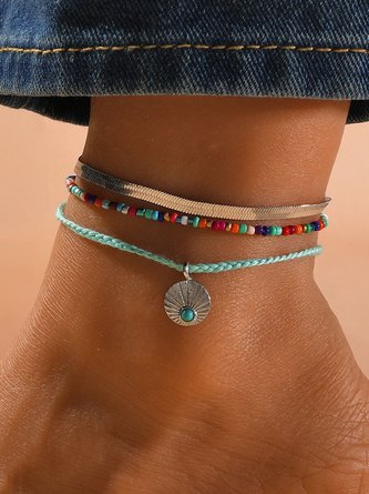 JFN Bohemian Resort Style Beach Beaded Turquoise Layered Anklet Set