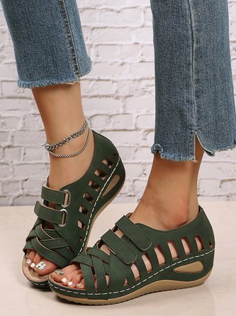 Cutout Velcro Casual Wedge Sandals