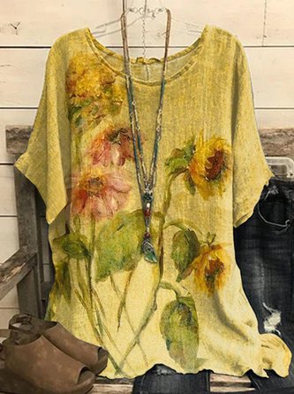 JFN Crew Neck Floral Casual Batwing Sleeve Slit Tops