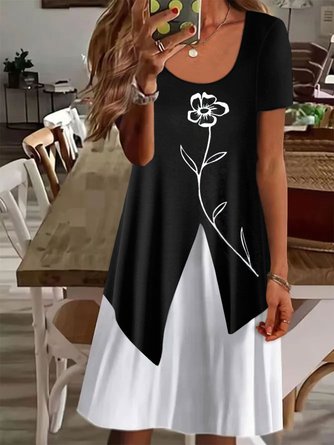 JFN Round Neck Floral Colorblock Casual Vacation Mini Dresses