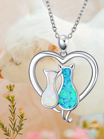 JFN Contrast Color Opal Cat Heart Necklace Everyday Matching Pendant