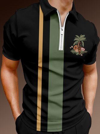 Resort Style Hawaiian Series Striped Geometric Plant Floral Coconut Tree Element Pattern Lapel Short-Sleeved Polo Print Top