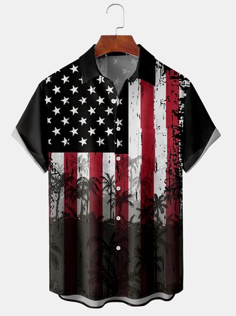 Casual Festive Collection Gradient American Flag Pattern Lapel Short Sleeve Chest Pocket Shirt Print Top
