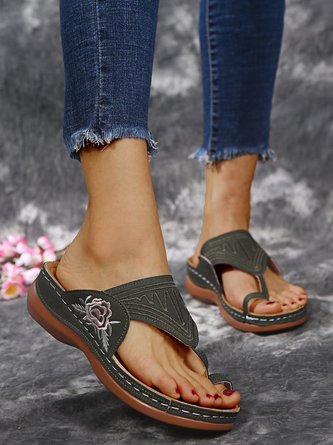 JFN Floral Embroidered Vintage Casual Thong Wedge Slippers