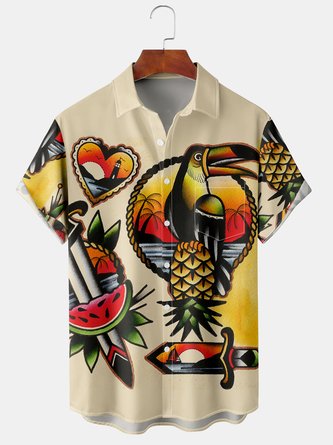 Resort Style Hawaiian Series Geometric Plant Parrot Coconut Tree Element Pattern Lapel Short Sleeve Chest Pocket Shirt Print Top