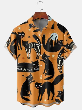Retro Style Holiday Series Halloween Skull Cat Element Pattern Lapel Short Sleeve Chest Pocket Shirt Printed Top