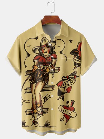 Vintage Culture Collection Western Cowgirl Element Pattern Lapel Short Sleeve Chest Pocket Shirt Print Top
